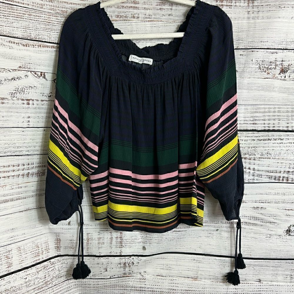 Apiece Apart top womens Sz 0 silk Blouse smocked off shoulder striped tassel